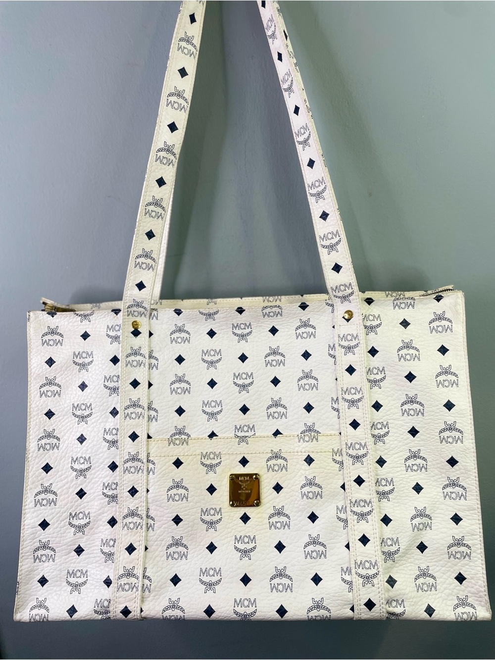 MCM White Logo Canvas Tote